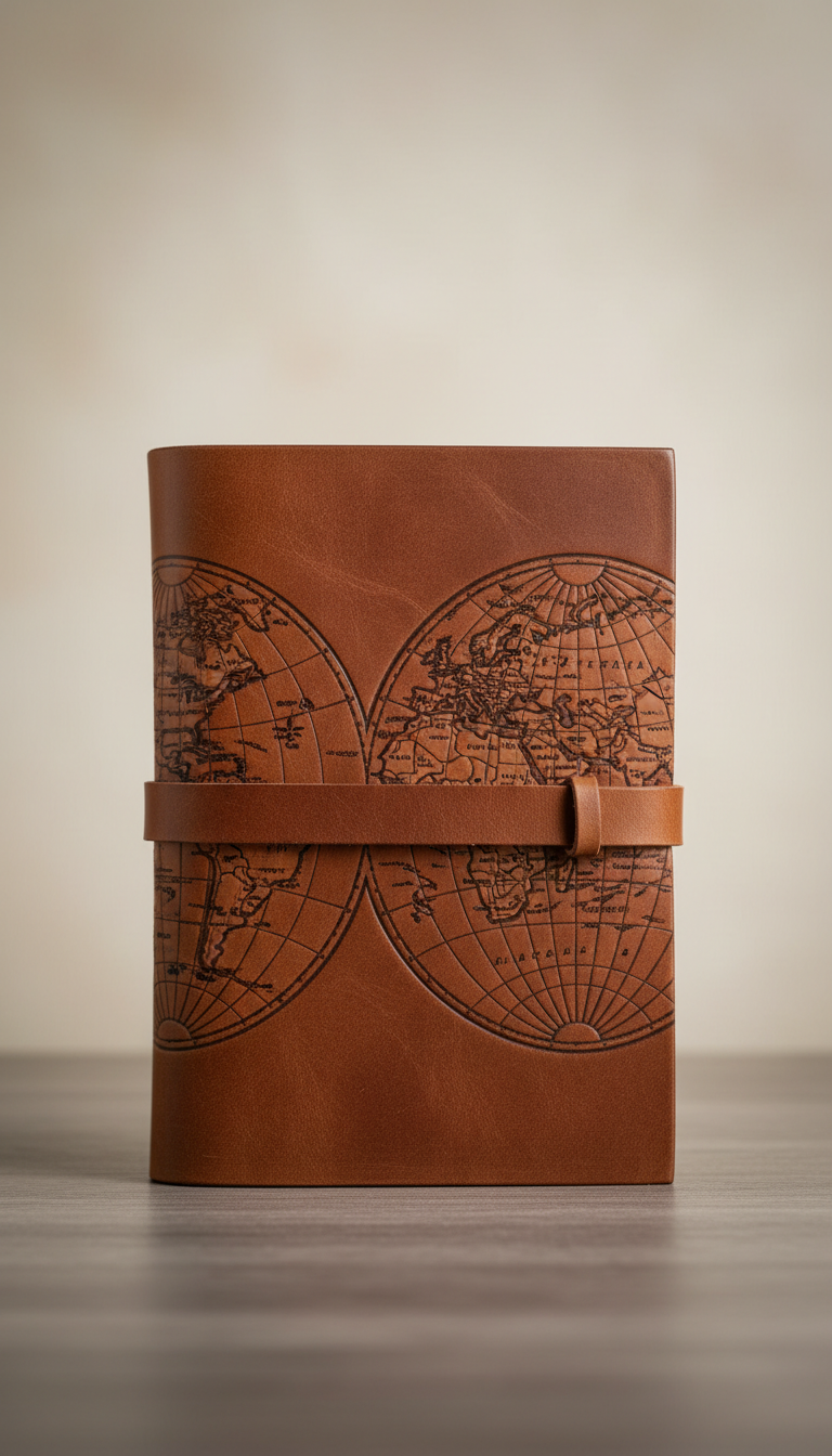 Diario de viaje de cuero grabado con mapa